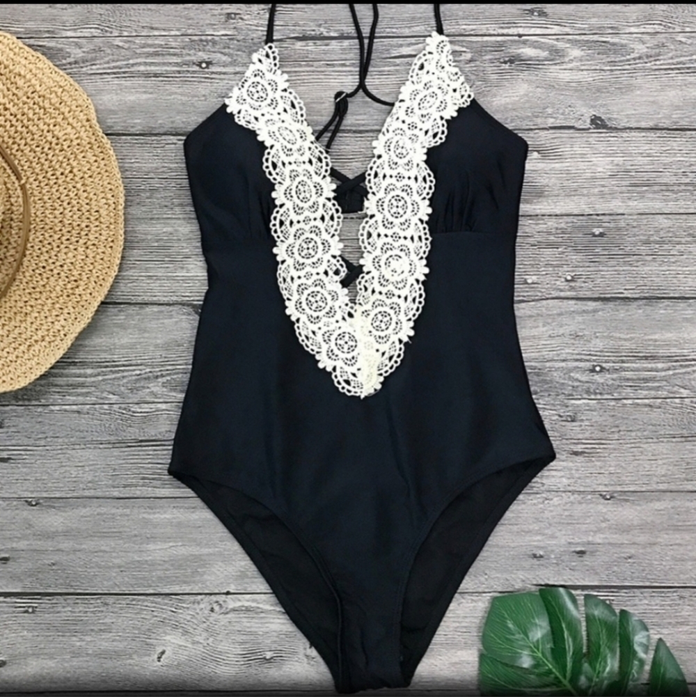 Misty Pearl Black One-Piece Swimsuit with White Lace Plunge - Picture 3 of 12